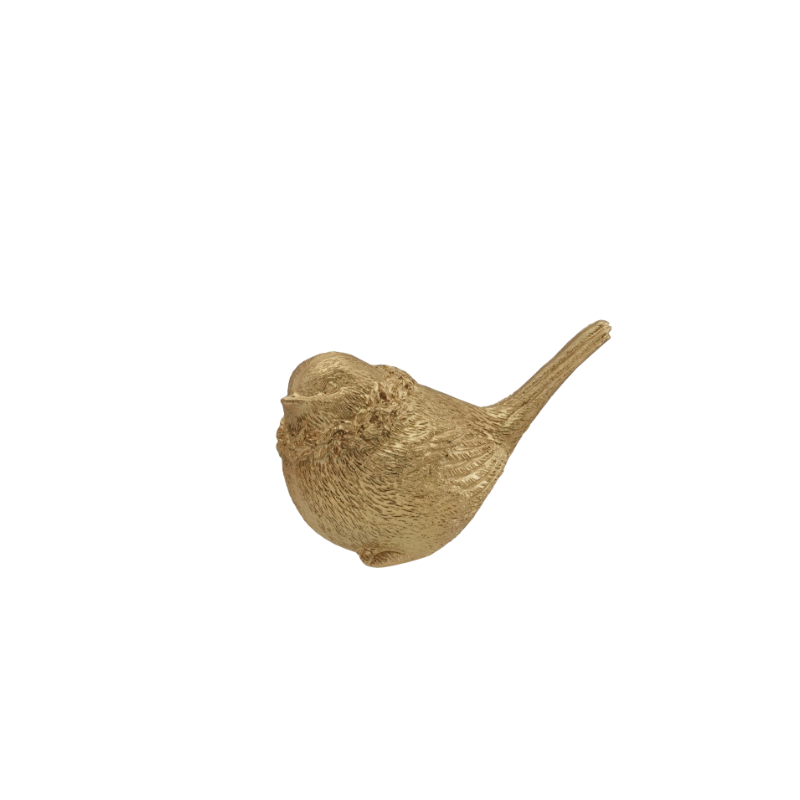 Small gold resin bird figurine with a textured artisan finish and detailed feathers.