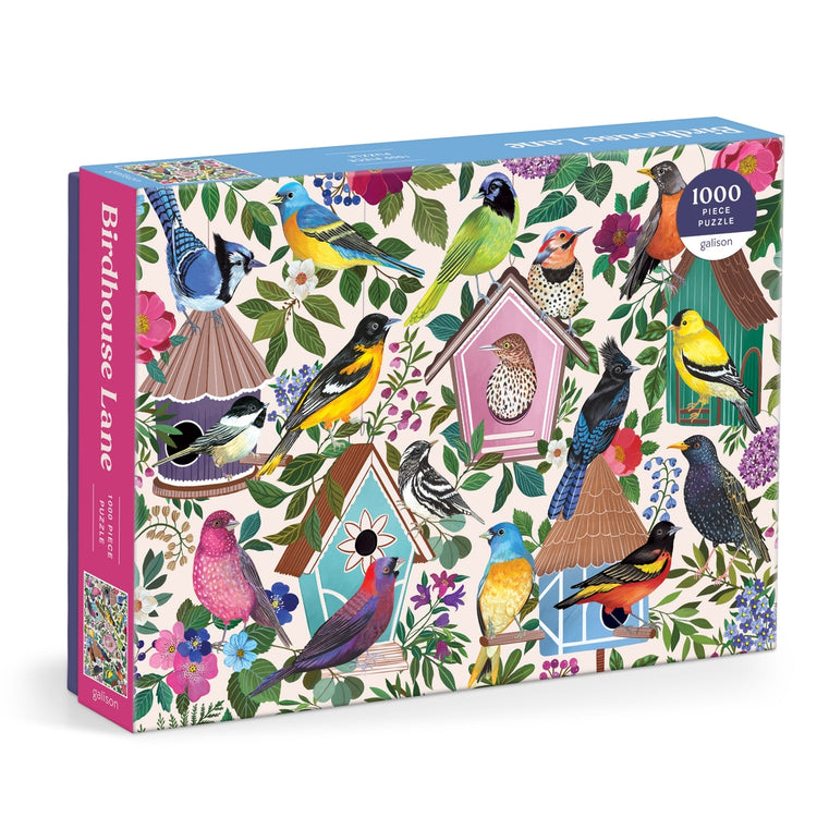 Birdhouse Lane 1000 piece puzzle featuring colorful birds and floral patterns.