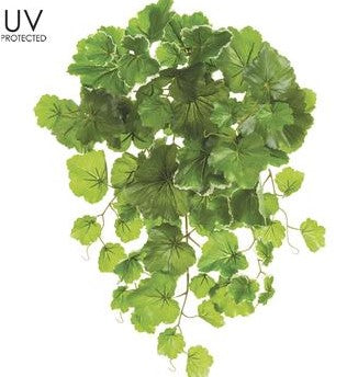 Artificial variegated green geranium leaf bush with UV protection in a hanging silhouette.