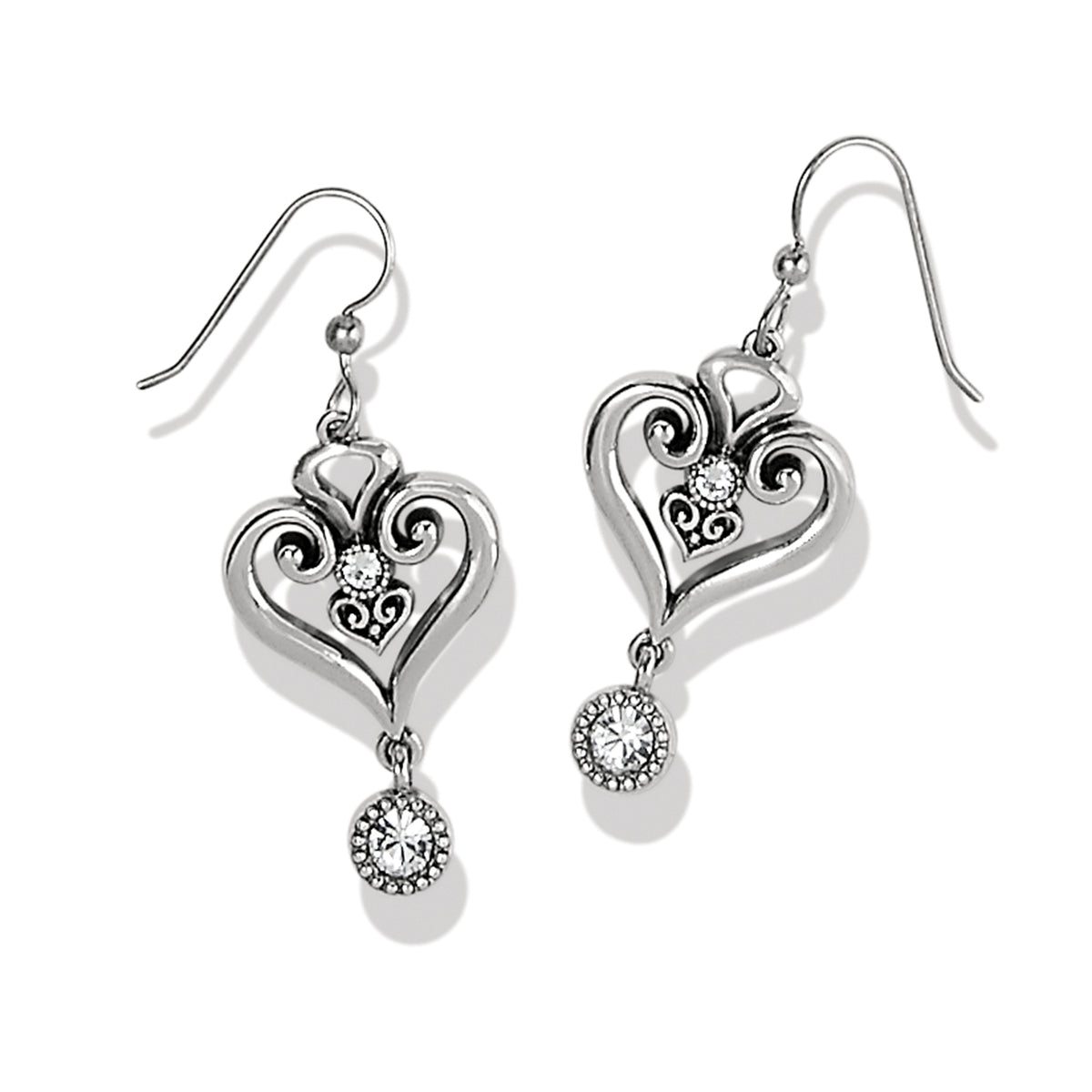 Silver plated French wire earrings featuring a heart-shaped glint crystal drop with fine quality crystals.