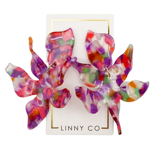 Flora Earrings: Abstract floral-shaped drop earrings in a vibrant multi-color confetti resin.