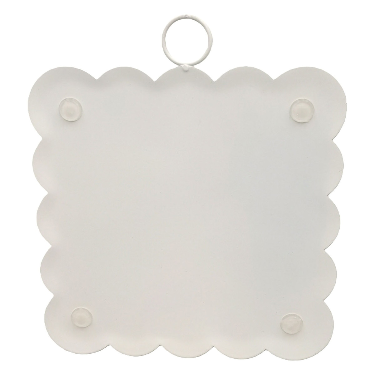 Back view of a white mini scallop art piece with a hanging ring and four protective bumpers.