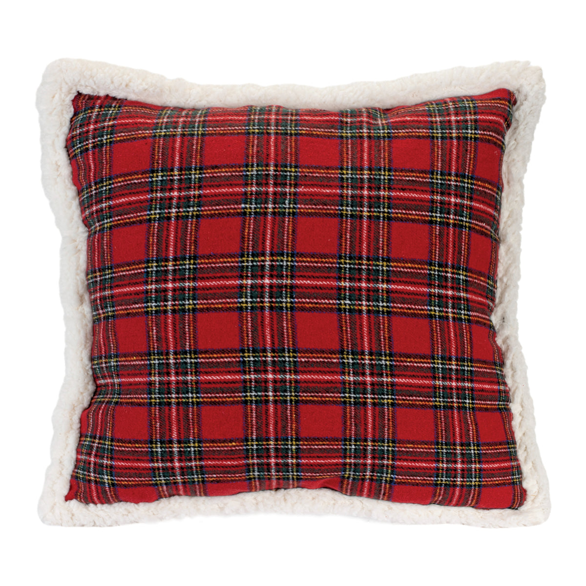 Red plaid square pillow with a white faux-shearling trim.