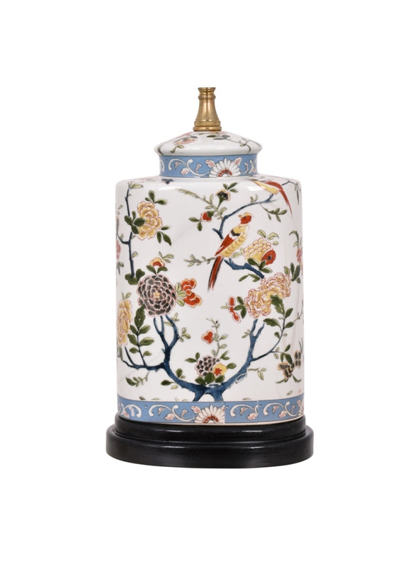 Oval porcelain urn lamp with European floral relief patterns in a soft neutral tone.