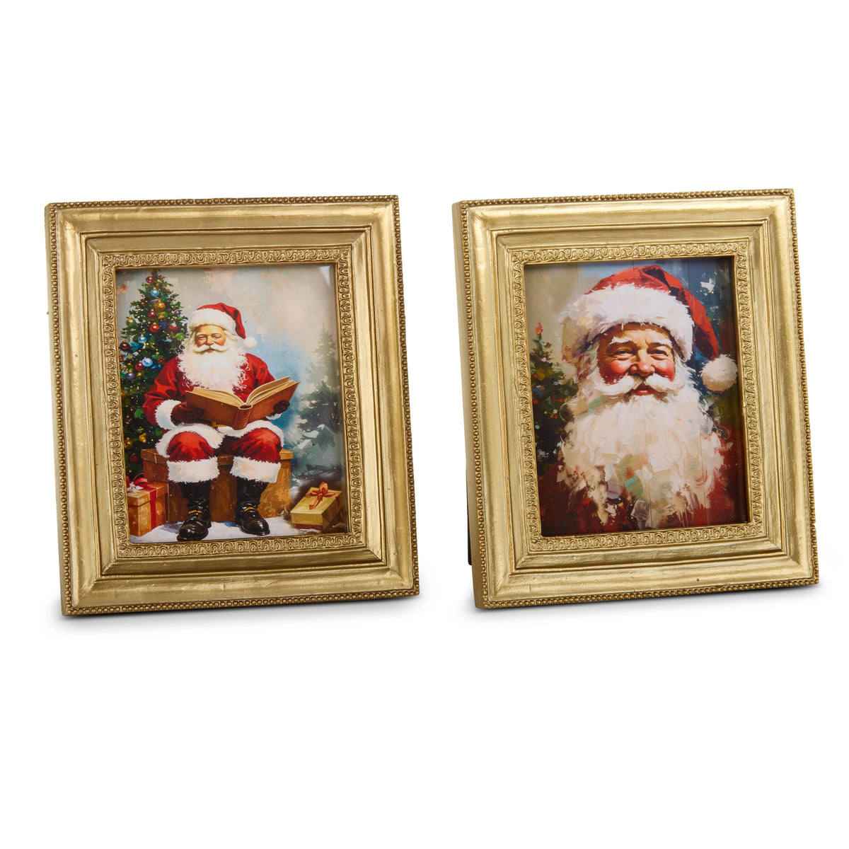 Two gold-framed mini prints of Santa Claus, one reading a book and one a close-up portrait.