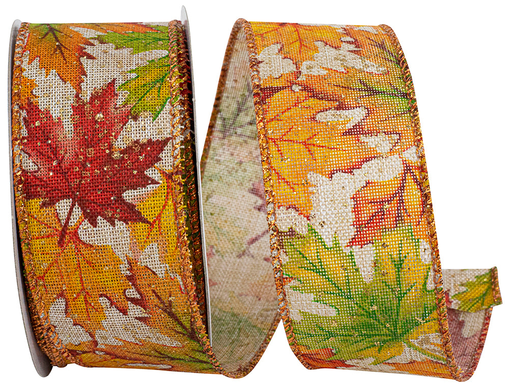 Leaf Multi Color Linen Wired Edge Ribbon with autumn maple leaf patterns and gold glitter accents.
