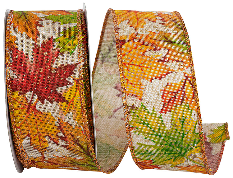 Leaf Multi Color Linen Wired Edge Ribbon with autumn maple leaf patterns and gold glitter accents.