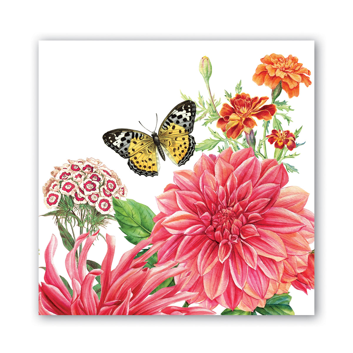 Luncheon napkin featuring a botanical illustration of a yellow butterfly and pink dahlia flowers.