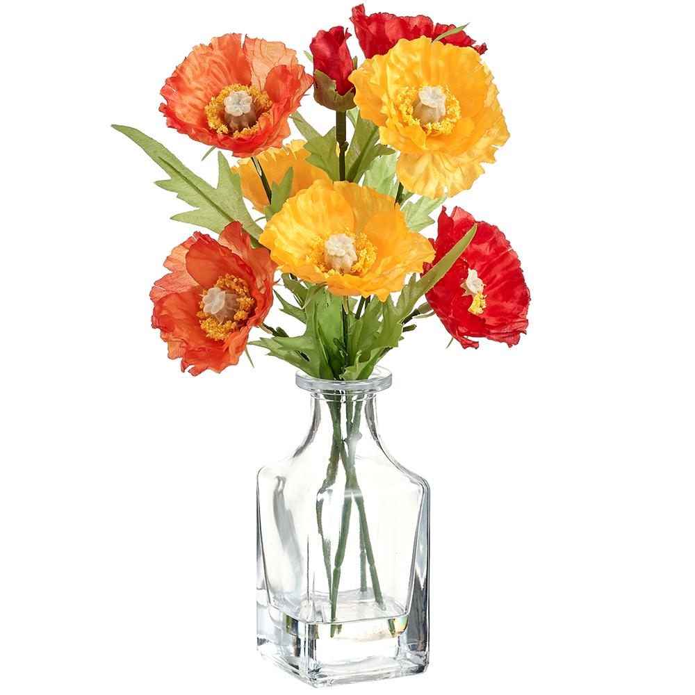 Ten-inch artificial poppy arrangement in a clear glass bottle with mixed green foliage.