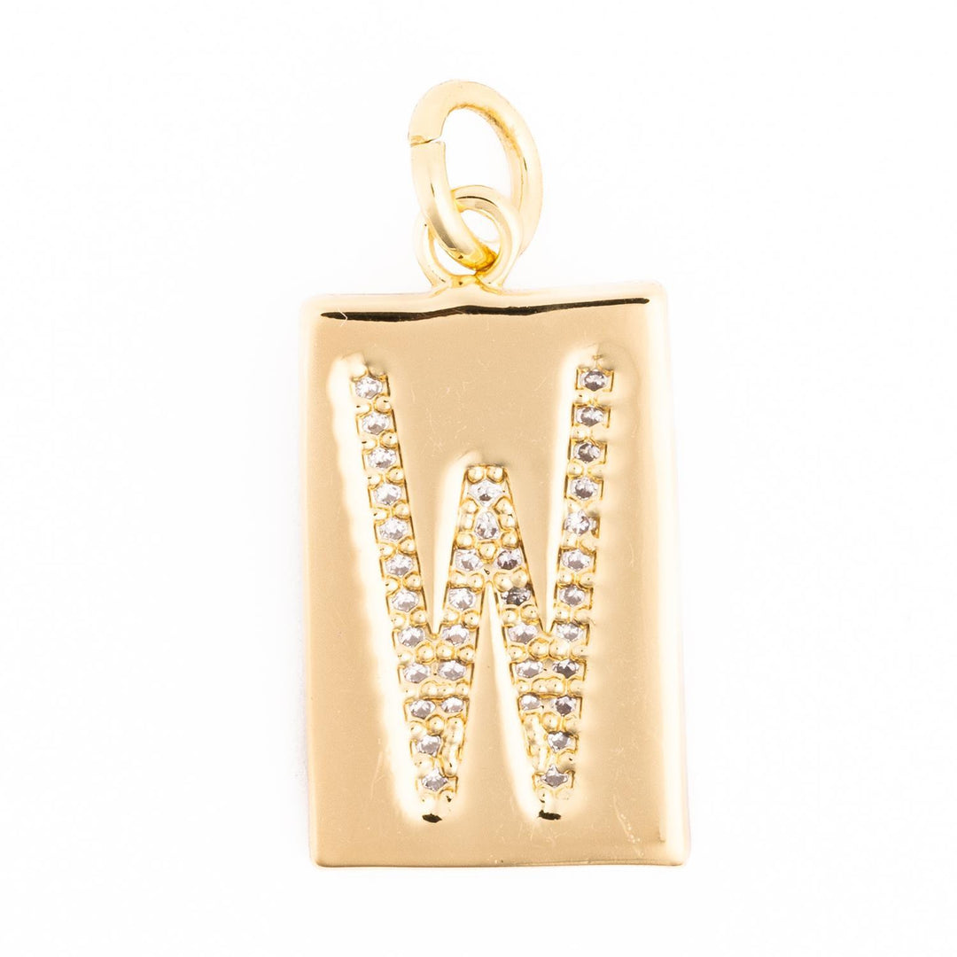 Gold rectangular charm featuring a letter W encrusted with small clear crystals.