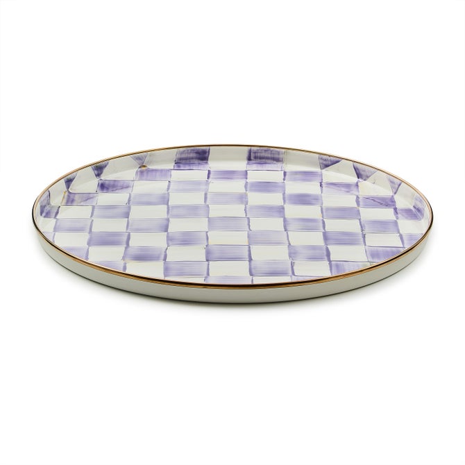 Violet check round tray with a circular shape.
