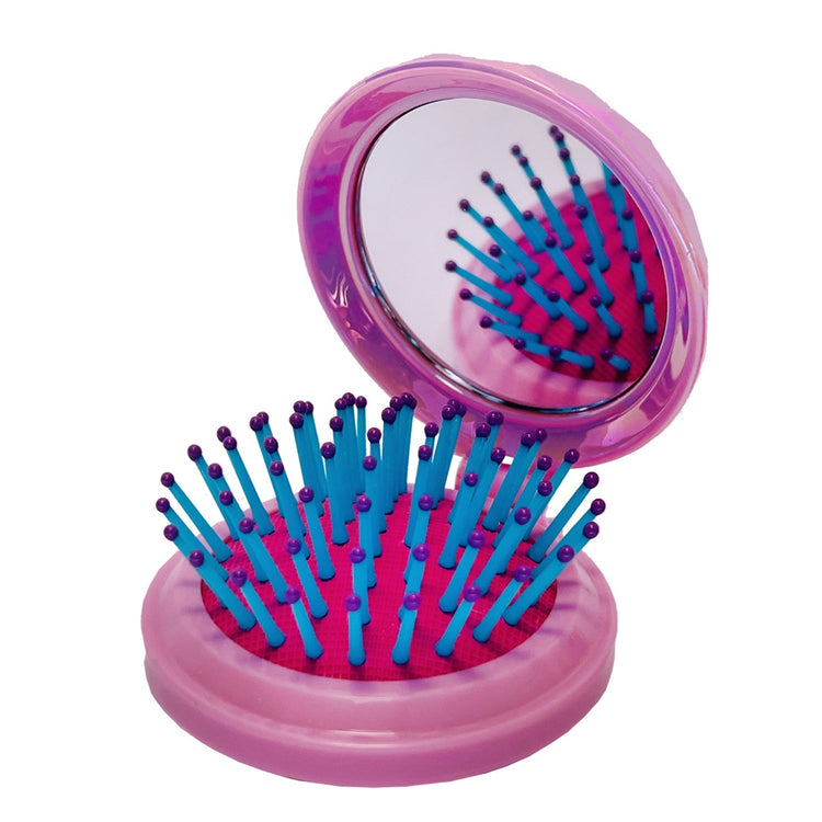 Foldable ABS hairbrush with a round jeweled mirror handle in black.