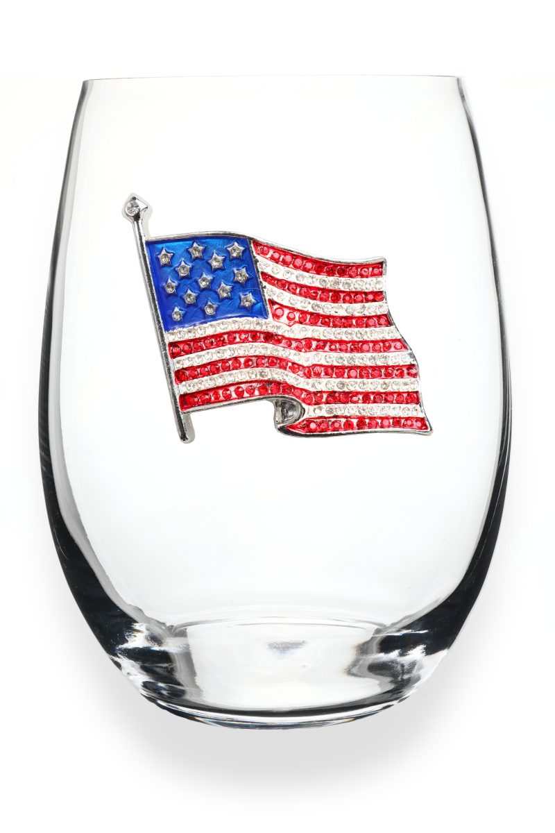Handcrafted stemless wine glass with jeweled embellishments around the rim in clear crystal.