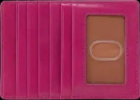 Interior view of a pink Euro Slide Card Case showing five card slots and a clear ID window.