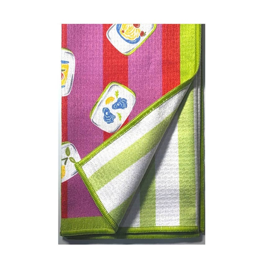 Ciao Mahjong double-sided tea towel with pink and red stripes, mahjong tiles, and green stripes.