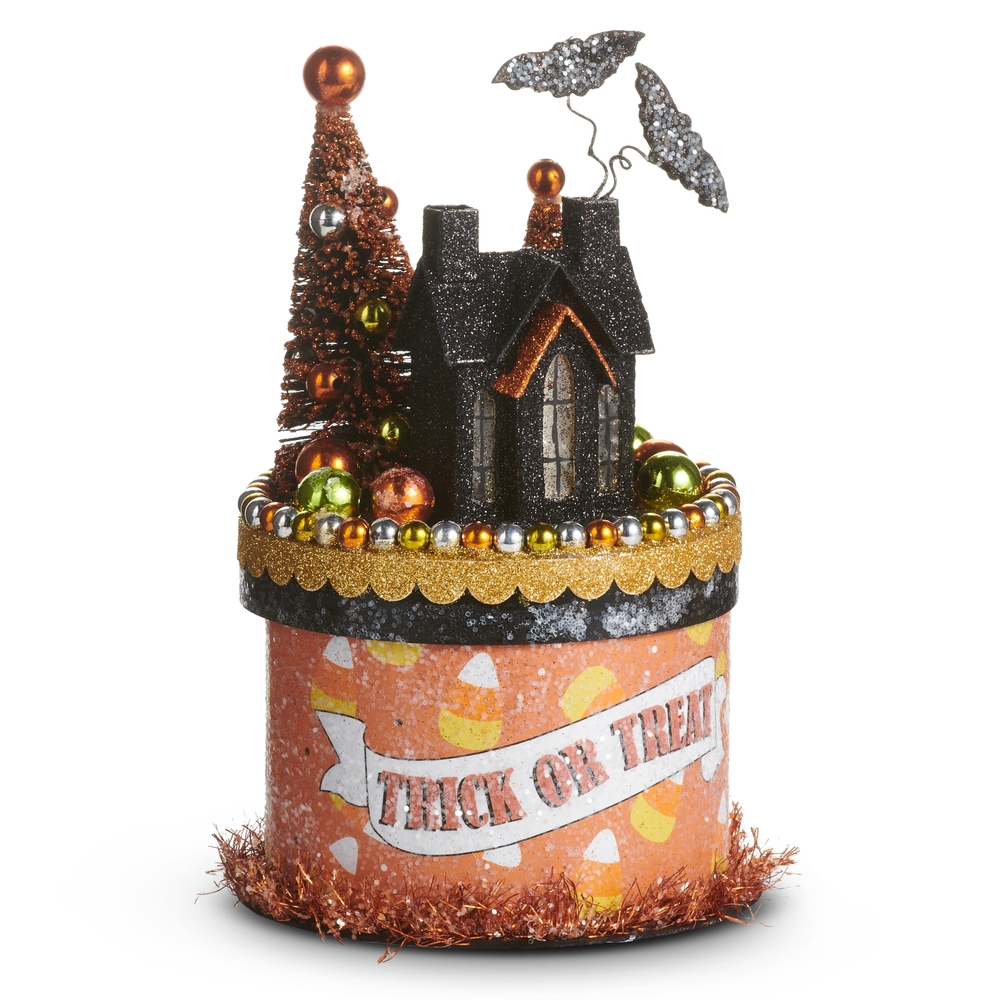 8-inch glittery haunted house on a candy corn themed box with a Trick or Treat banner.
