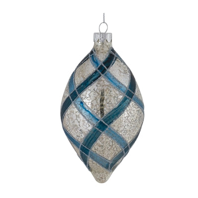 Teardrop-shaped glass ornament with a crackled silver finish and a blue plaid pattern.