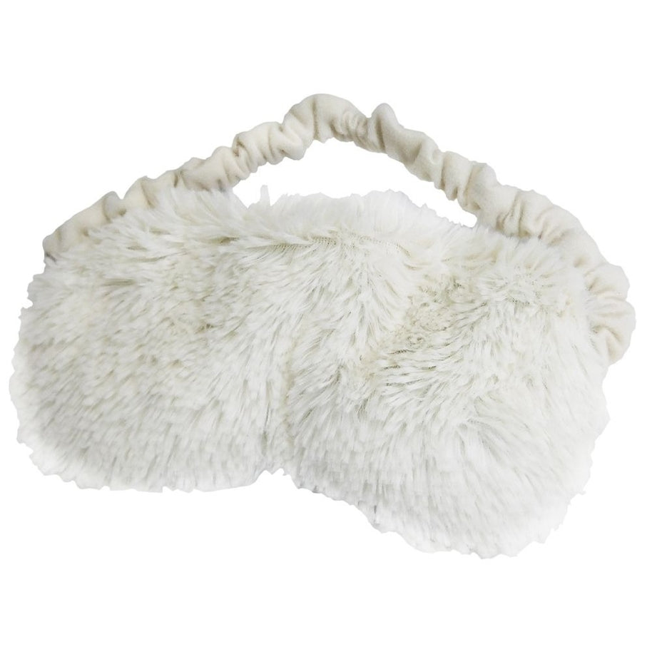 Warmies white faux fur eye mask with an elasticated head strap.