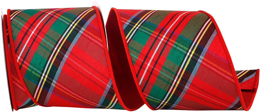 Plaid Dupioni Classic Diagonal Luxe Red Backed Wired Edge Ribbon 4"x5yds