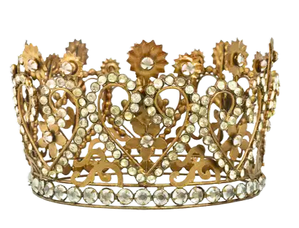 Ornate gold metal crown with heart-shaped scrollwork and clear jewel embellishments.