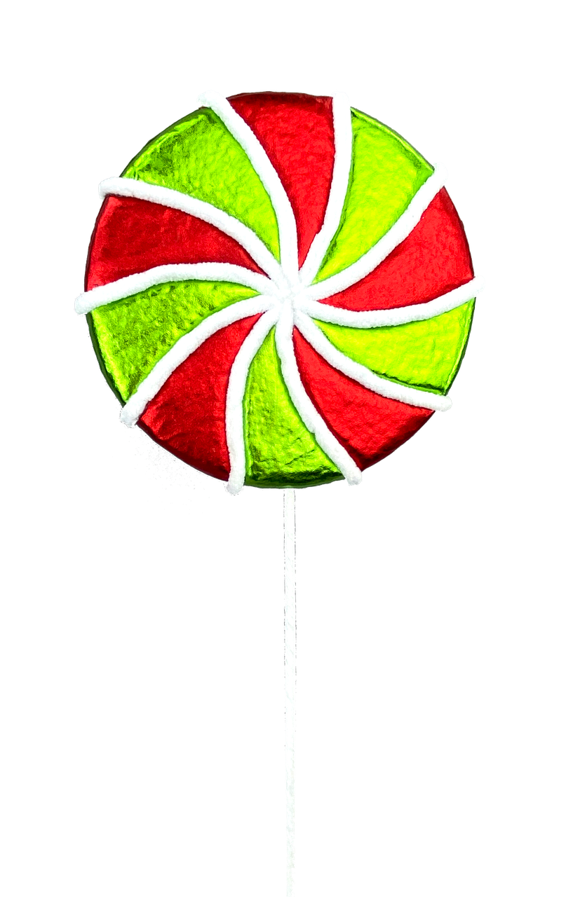 Metallic red and green swirl lollipop spray with white glitter accents on a thin white stem.