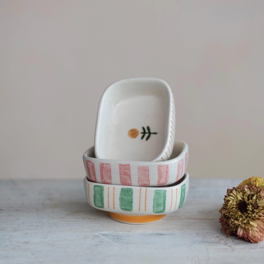 Hand-Painted Stoneware Dish with Stripes & Flower