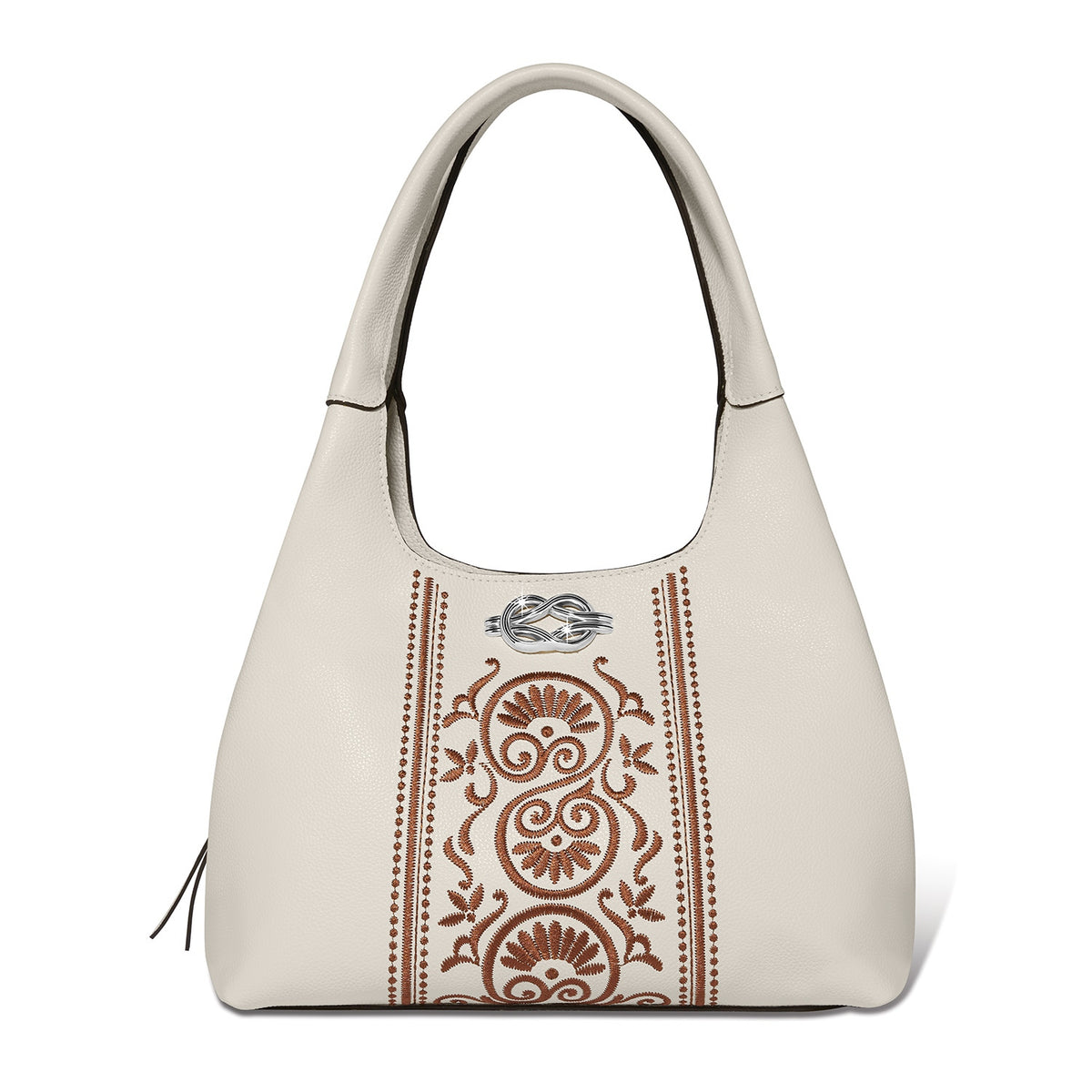 White leather Selene shoulder bag with embroidery detail, zip top closure, and one exterior pocket.