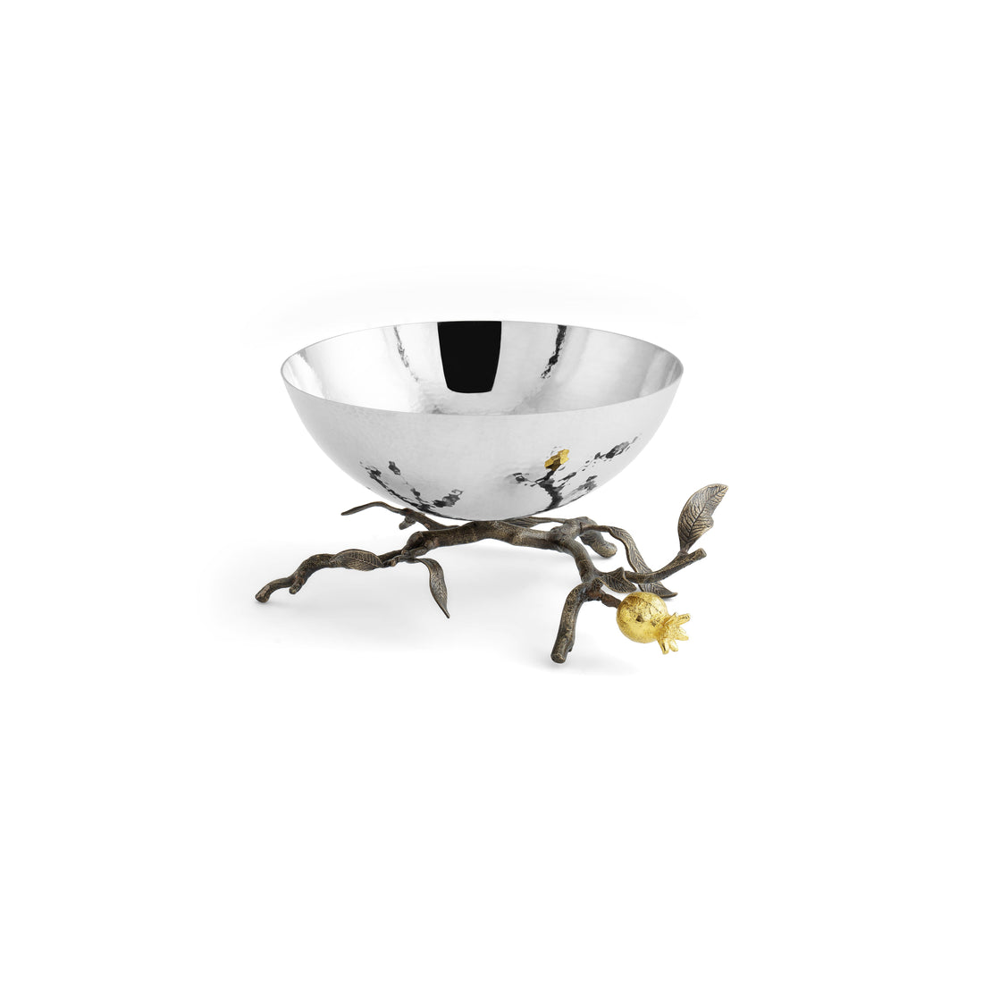 Small hammered silver bowl resting on a bronze pomegranate branch base with a gold fruit accent.