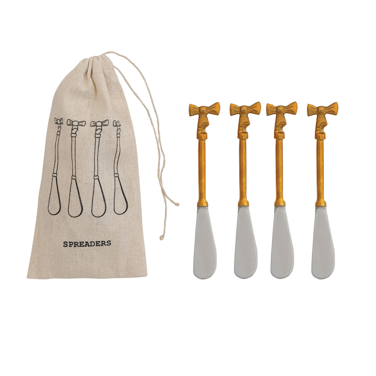 Set of 4 canape knives with gold finish bow handles and a drawstring storage bag.