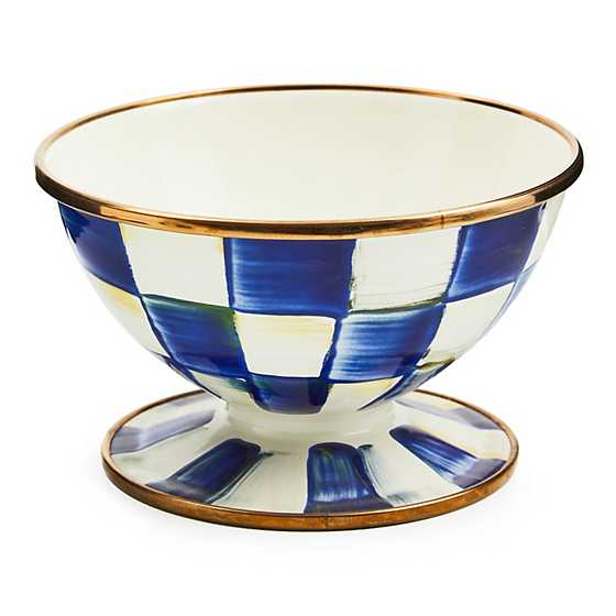 Royal Check Enamel Ice Cream Dish with hand-painted blue and white checks and bronzed rim.