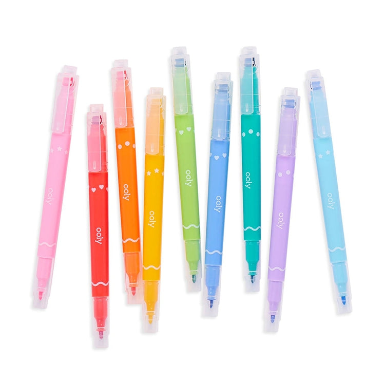 Set of 9 colorful double-ended markers with fine felt tips and shaped stamps in various colors.