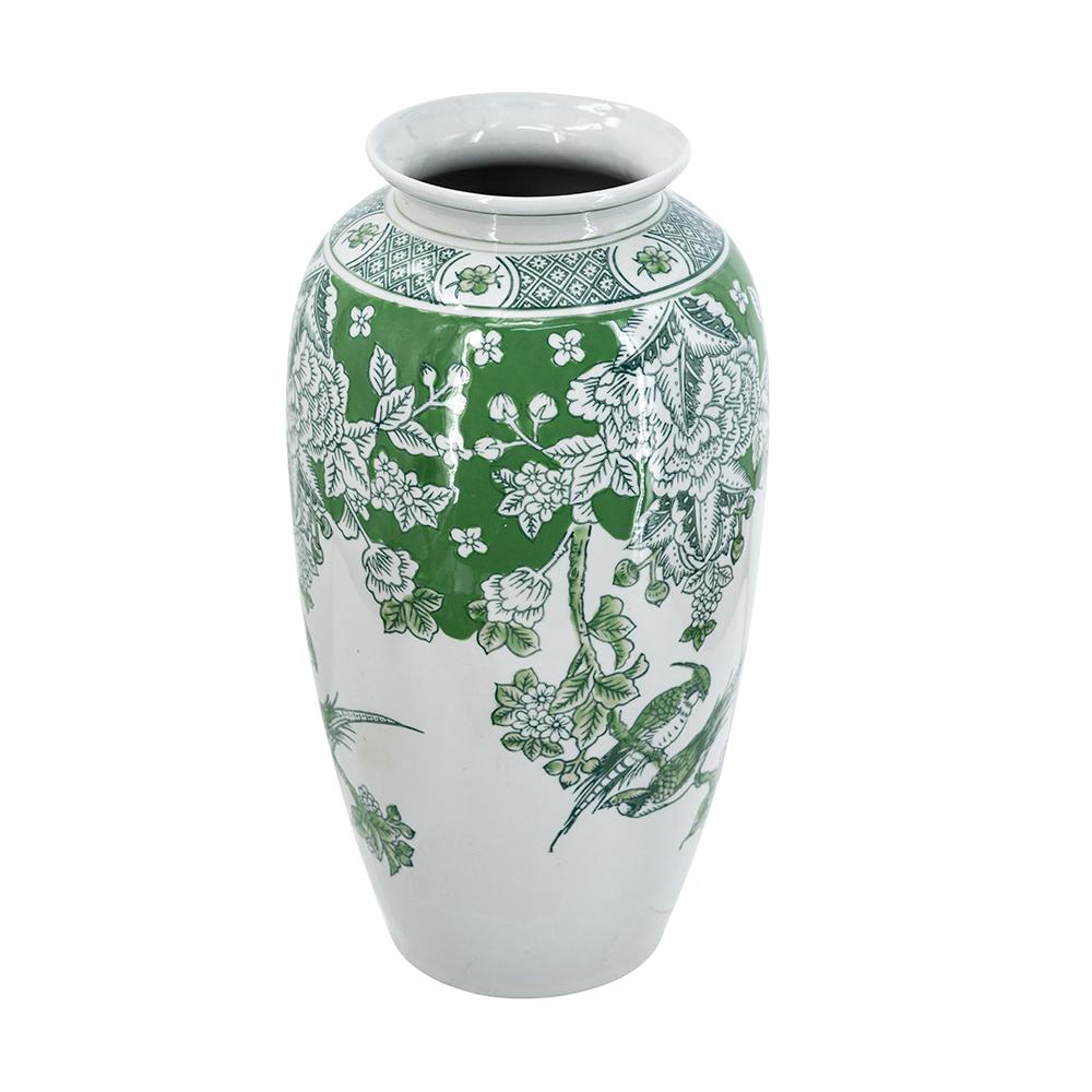 White porcelain vase with green floral and bird motifs on a tapered Chinoiserie silhouette.