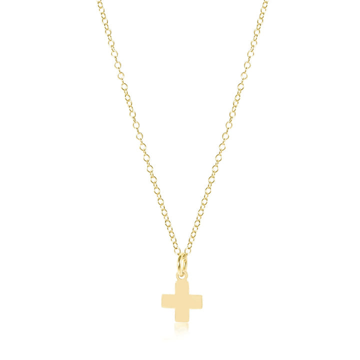 Gold-filled small signature cross pendant on a 14-inch chain necklace.