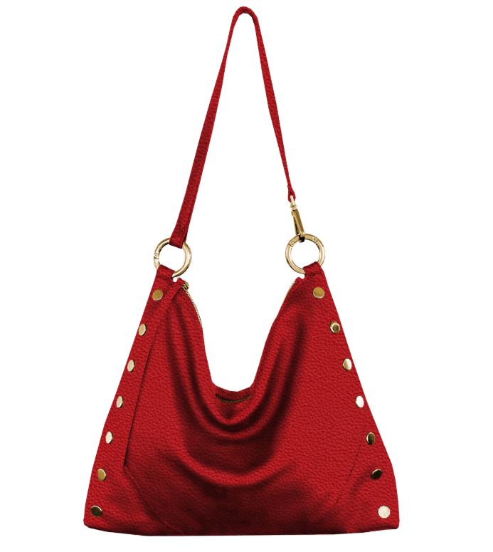 Kyle Lrg leather messenger bag with shoulder strap, red zipper pocket reveal, flat front pocket, and large O rings.