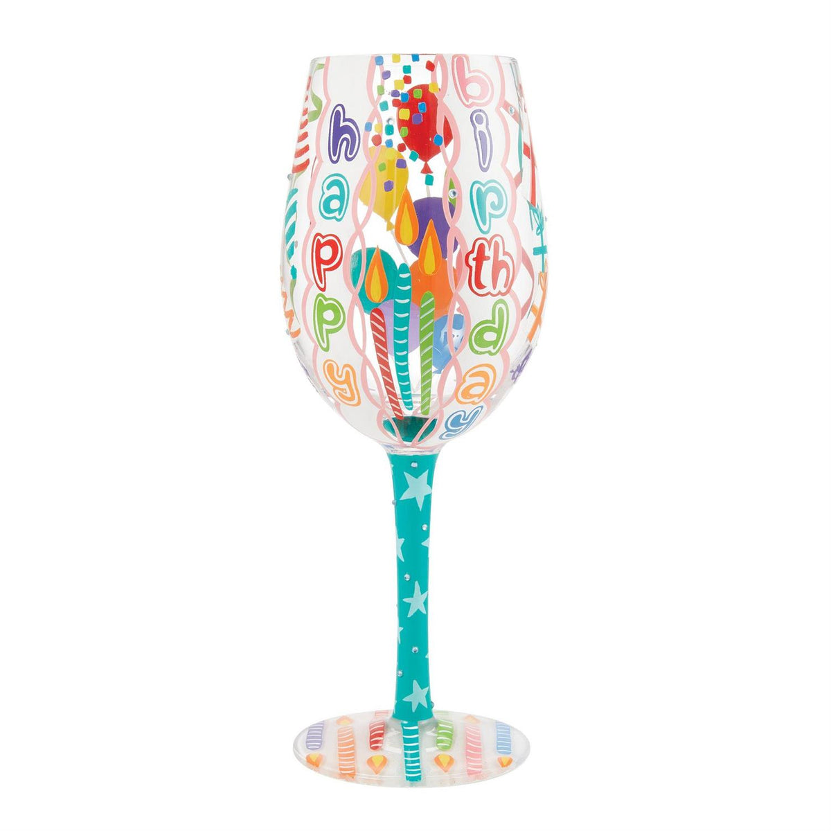 Blown glass wine glass with hand-painted designs, glitter accents, and a cocktail recipe printed on the base.