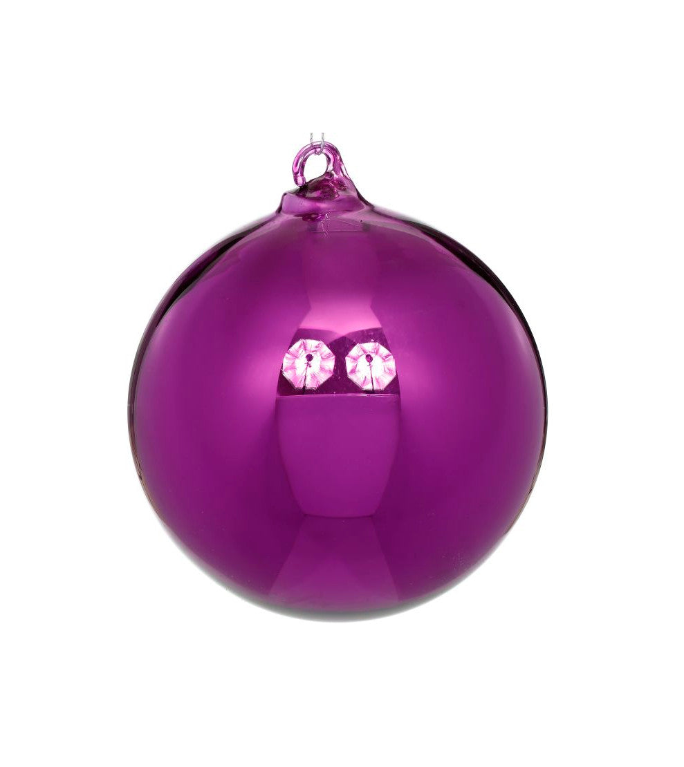 5-inch shiny purple glass ball Christmas ornament with a glossy finish and hanging loop.