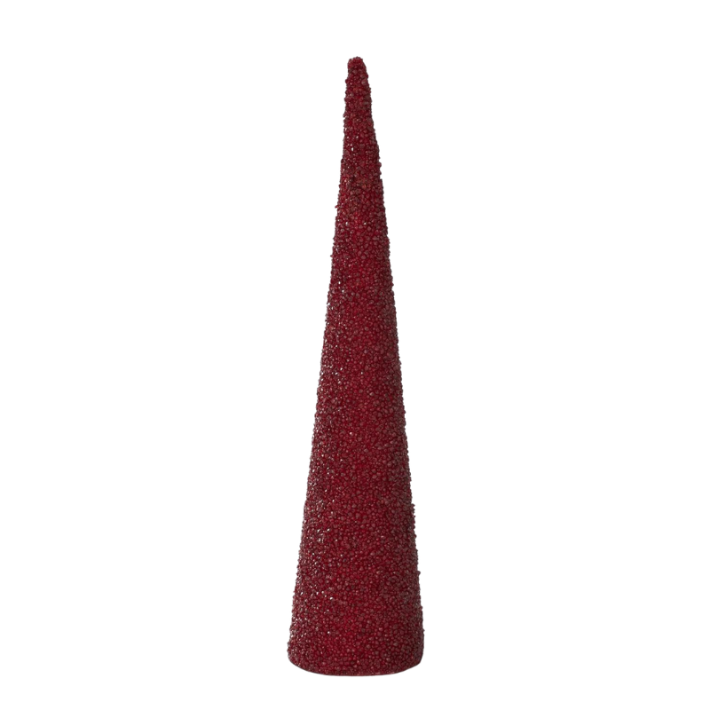 Tall burgundy cone tree decoration with a sparkling, icy beaded texture.