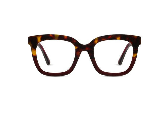 Fanfare Progressives square tortoise shell frames with clear blue light filtering lenses.