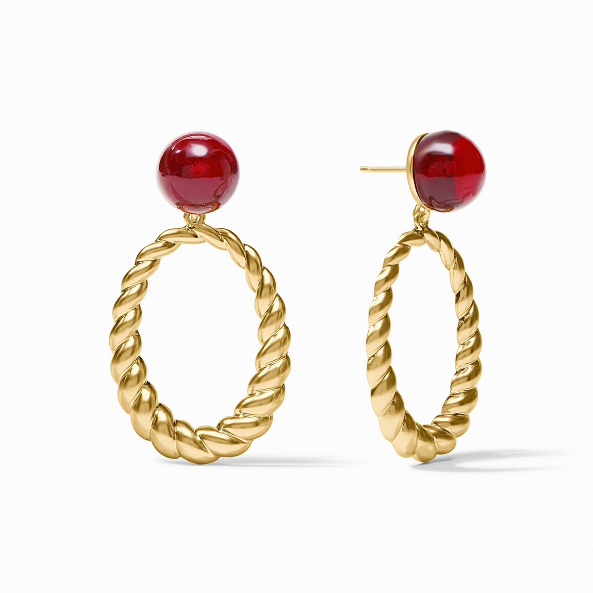 Ravello Statement Earrings featuring red resin studs and 24K gold plated twisted oval hoops.