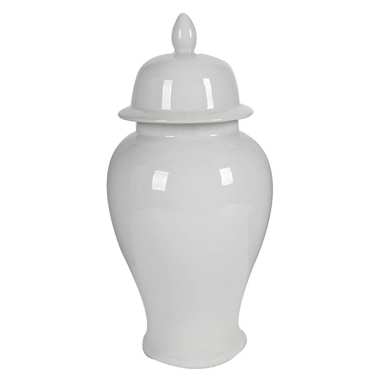 Large white porcelain ginger jar with a classic cylindrical silhouette.