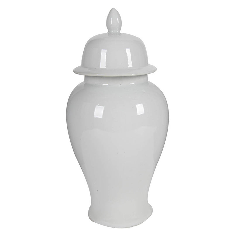 Large white porcelain ginger jar with a classic cylindrical silhouette.