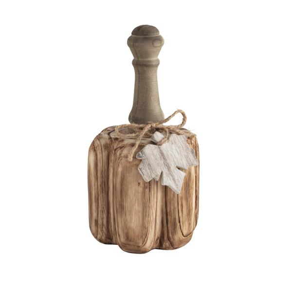 Carved pine wood pumpkin with a baluster stem in natural brown tones