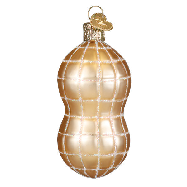 Little Peanut glass Christmas ornament in gold with white glitter grid pattern.