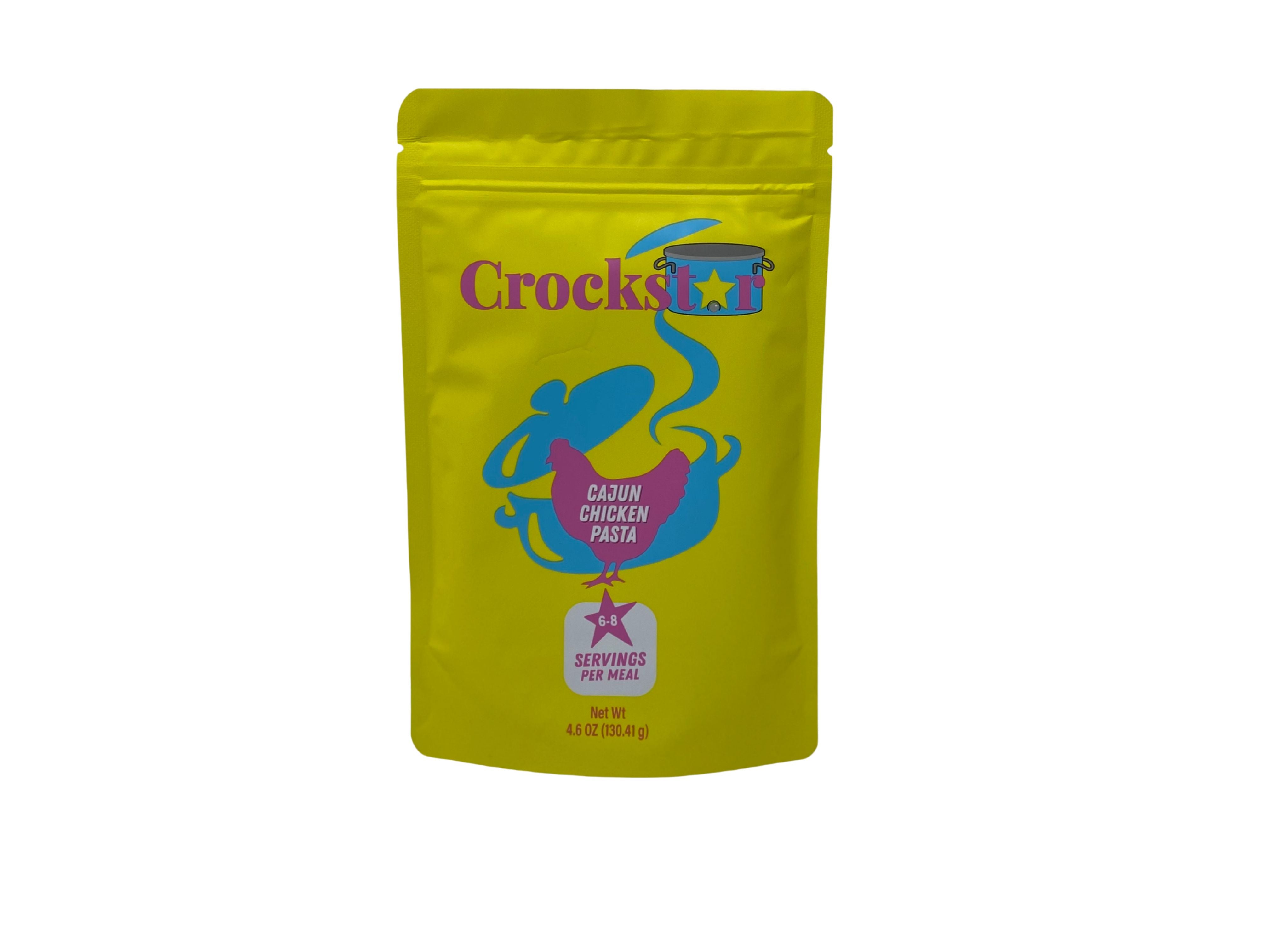 Bag of Cajun Chicken Pasta with visible nutritional label showing dairy, wheat, soy contents.
