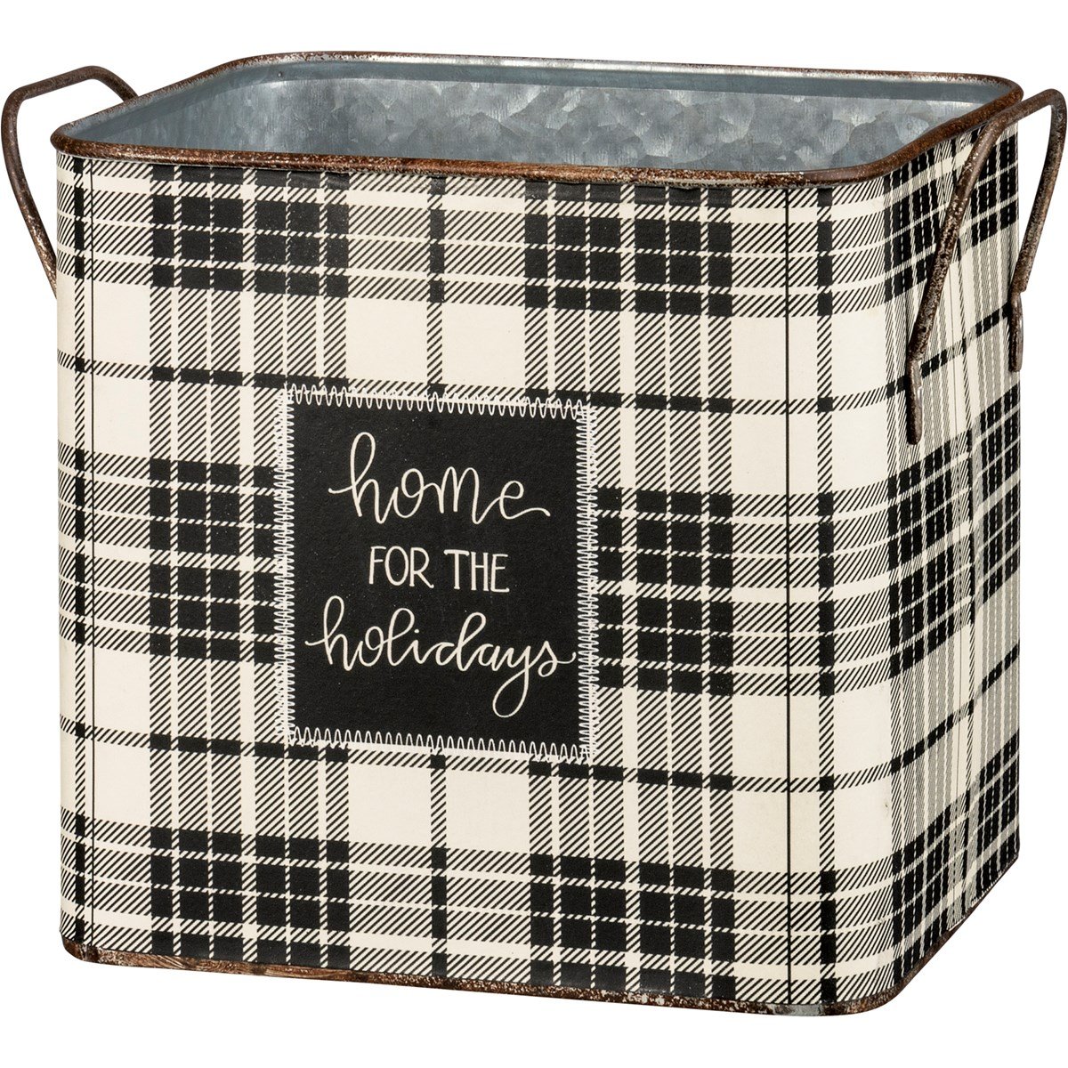 Square metal bin with black and white plaid pattern and "home for the holidays" text on the front.