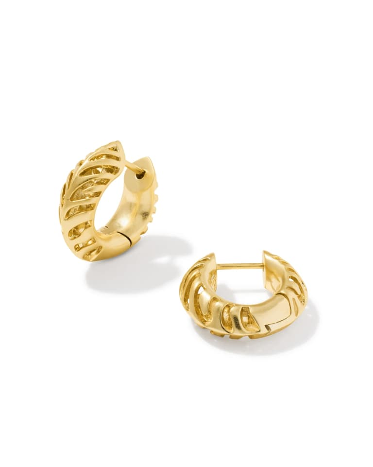 Pair of gold Tiger Striped Mikki Huggie Earrings with airy cutout detailing and rounded forms.