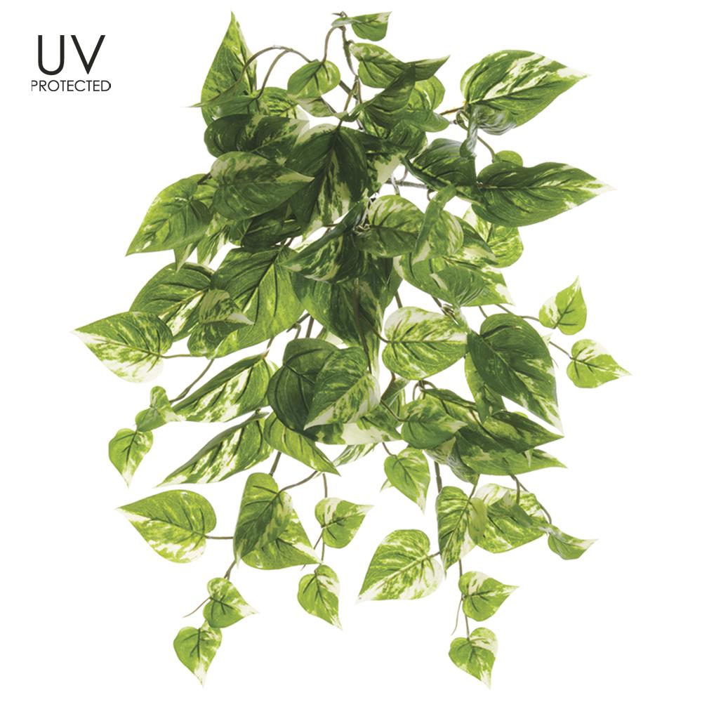 19-inch UV protected artificial pothos bush with variegated green and cream polyester leaves.