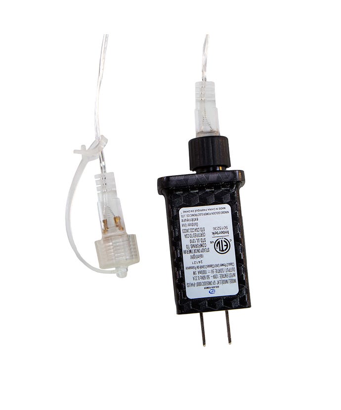 Ten cool white LED icicle lights on a plastic and copper wire with an UL adapter.