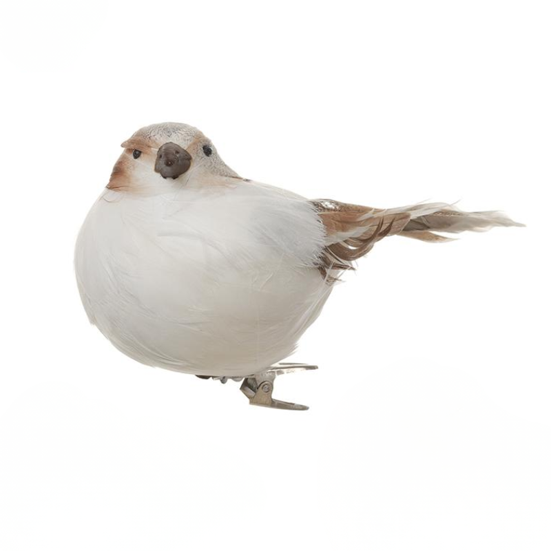 White and brown feathered bird ornament with a metal clip base.