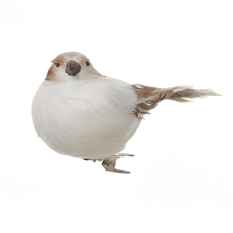 White and brown feathered bird ornament with a metal clip base.
